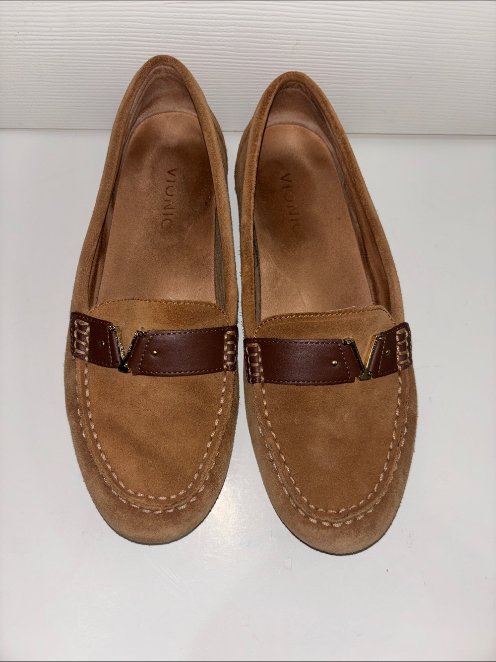 Vionic Tan Suede Loafers with Brown Leather Strap